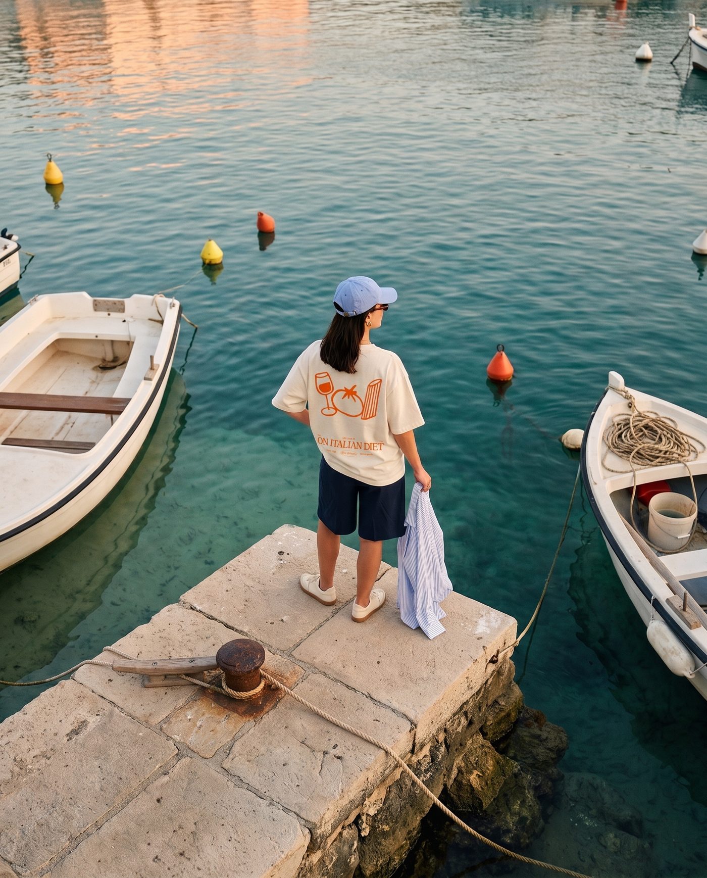 Woman in the cream Italian Diet tee on a stone jetty between moored boats in Puglia